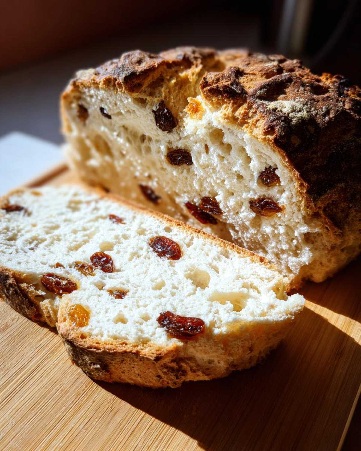 Close-up of sliced Easy Irish Soda Bread with Buttermilk and Raisins showing the soft interior and dark crust.
