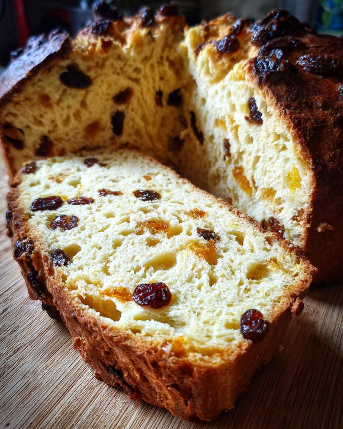 Close-up of a thick slice of Easy Irish Soda Bread with Buttermilk and Raisins, showing its soft crumb.