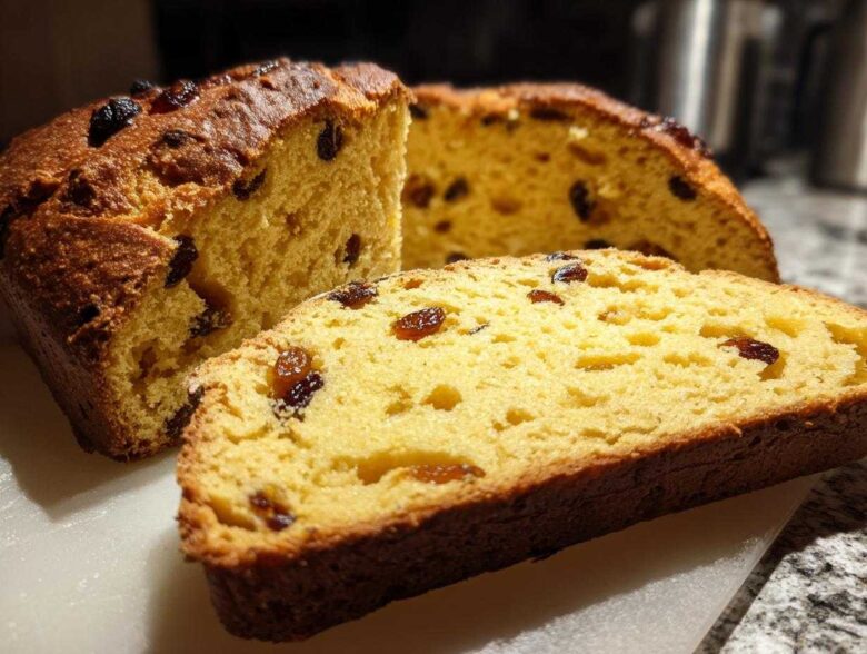 Close-up of a golden-brown loaf of Easy Irish Soda Bread with Buttermilk and Raisins, showing a thick slice cut from the front.