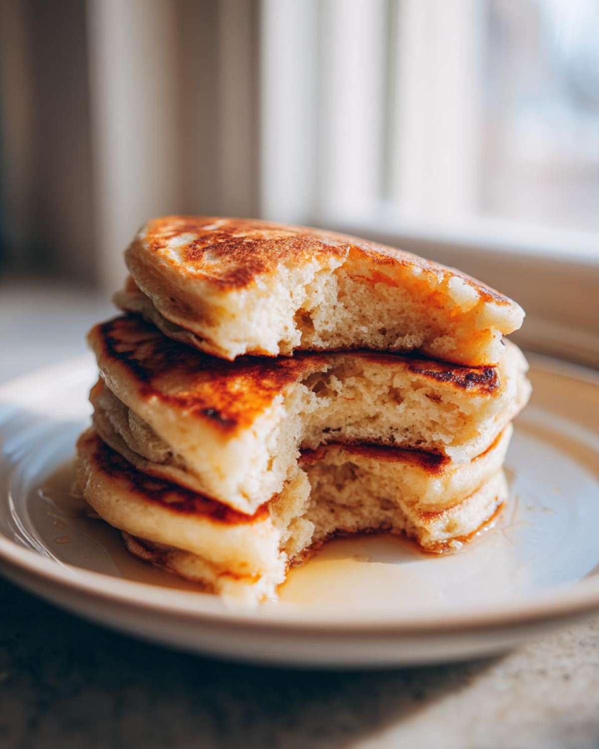 Close-up of a stack of fluffy Gluten-Free Buttermilk Pancakes with a bite taken out, drizzled with syrup.