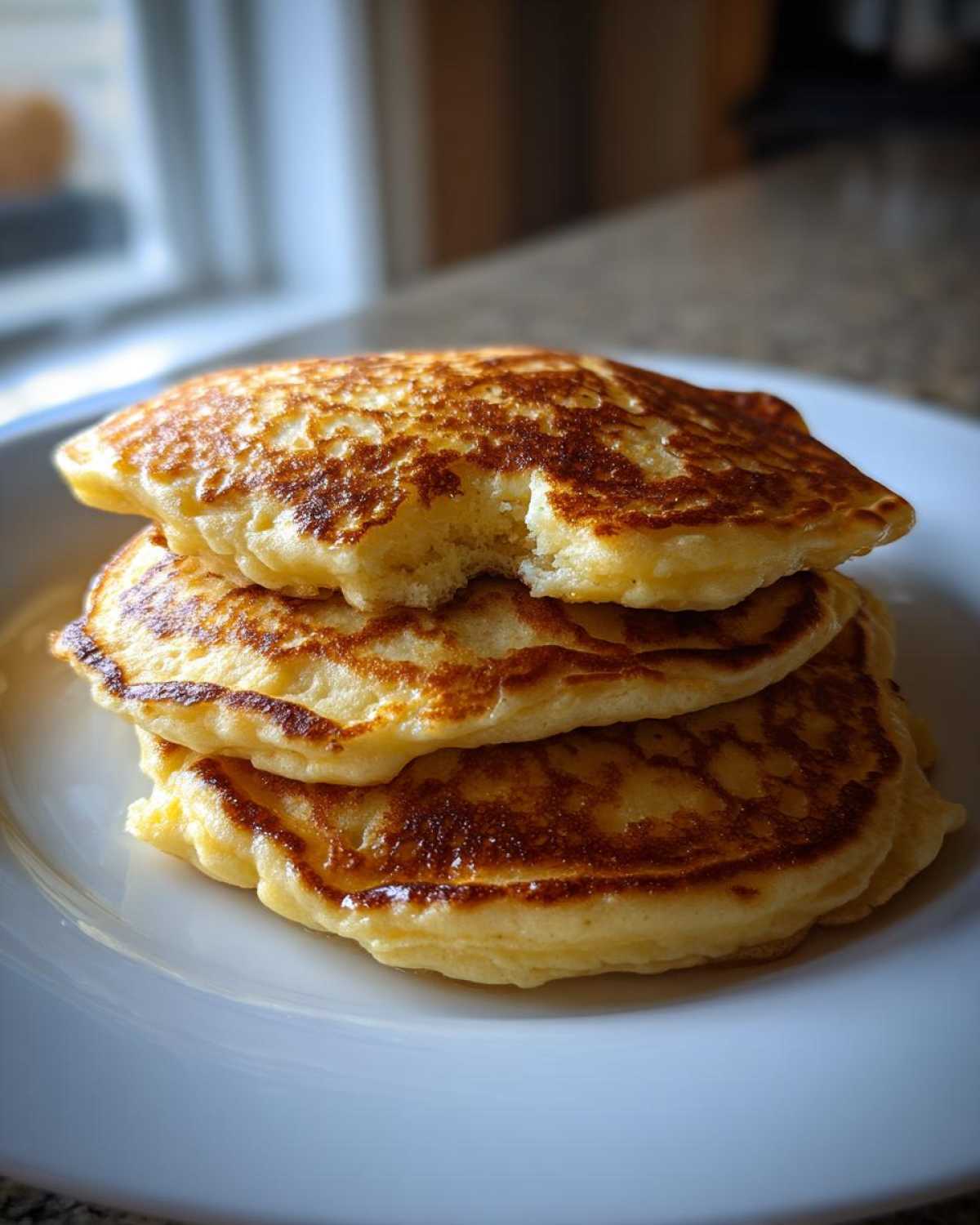 A stack of three fluffy Gluten-Free Buttermilk Pancakes on a white plate, with a bite taken out of the top one.