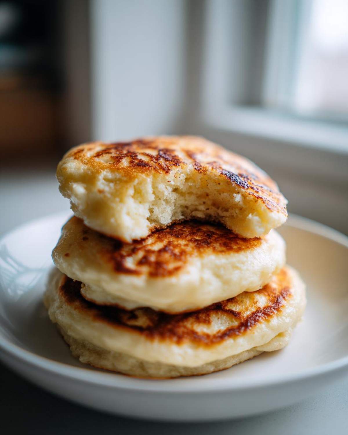 A stack of three thick, fluffy Gluten-Free Buttermilk Pancakes with a bite taken out of the top one.