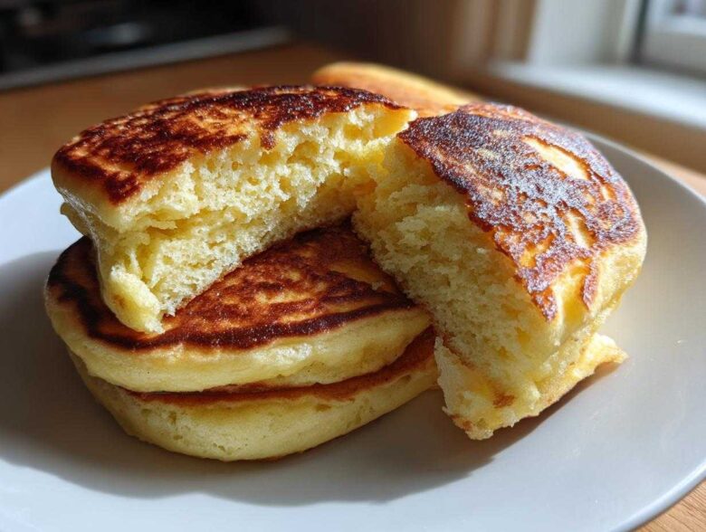 Close-up of fluffy Gluten-Free Buttermilk Pancakes, one broken open to show the airy interior.
