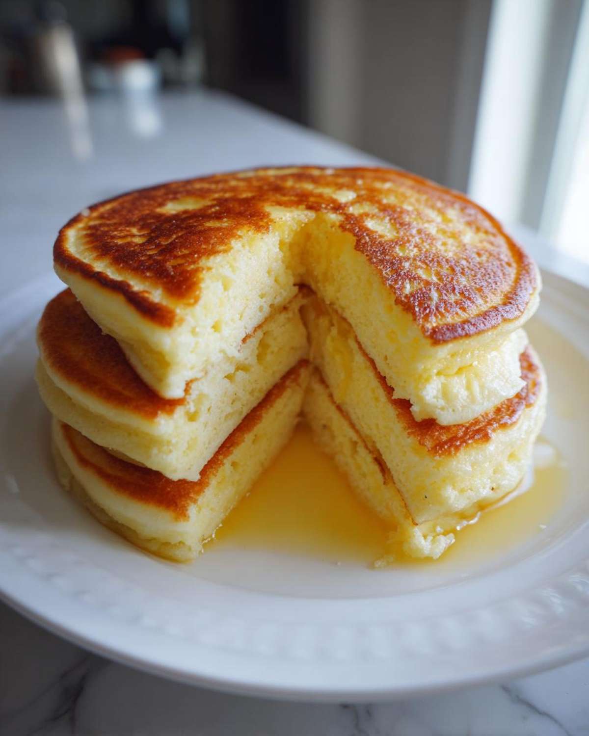 A tall stack of Fluffy Lemon Ricotta Pancakes cut open to show the airy interior, drizzled with syrup.