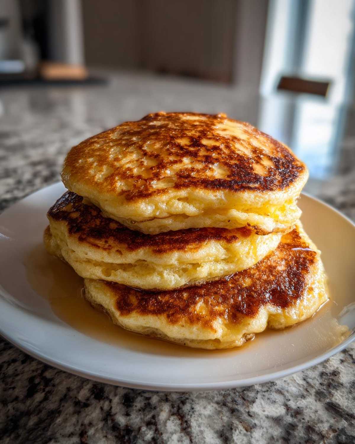 A tall stack of three golden-brown Fluffy Lemon Ricotta Pancakes drizzled with syrup on a white plate.