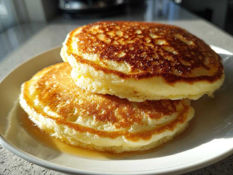 Close-up of two thick, fluffy Lemon Ricotta Pancakes stacked on a white plate with syrup pooling underneath.