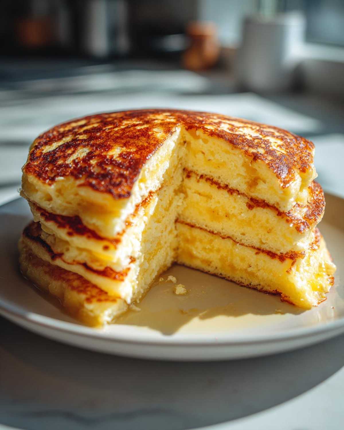 A tall stack of Fluffy Lemon Ricotta Pancakes, cut to show the thick, airy interior texture, drizzled with syrup.