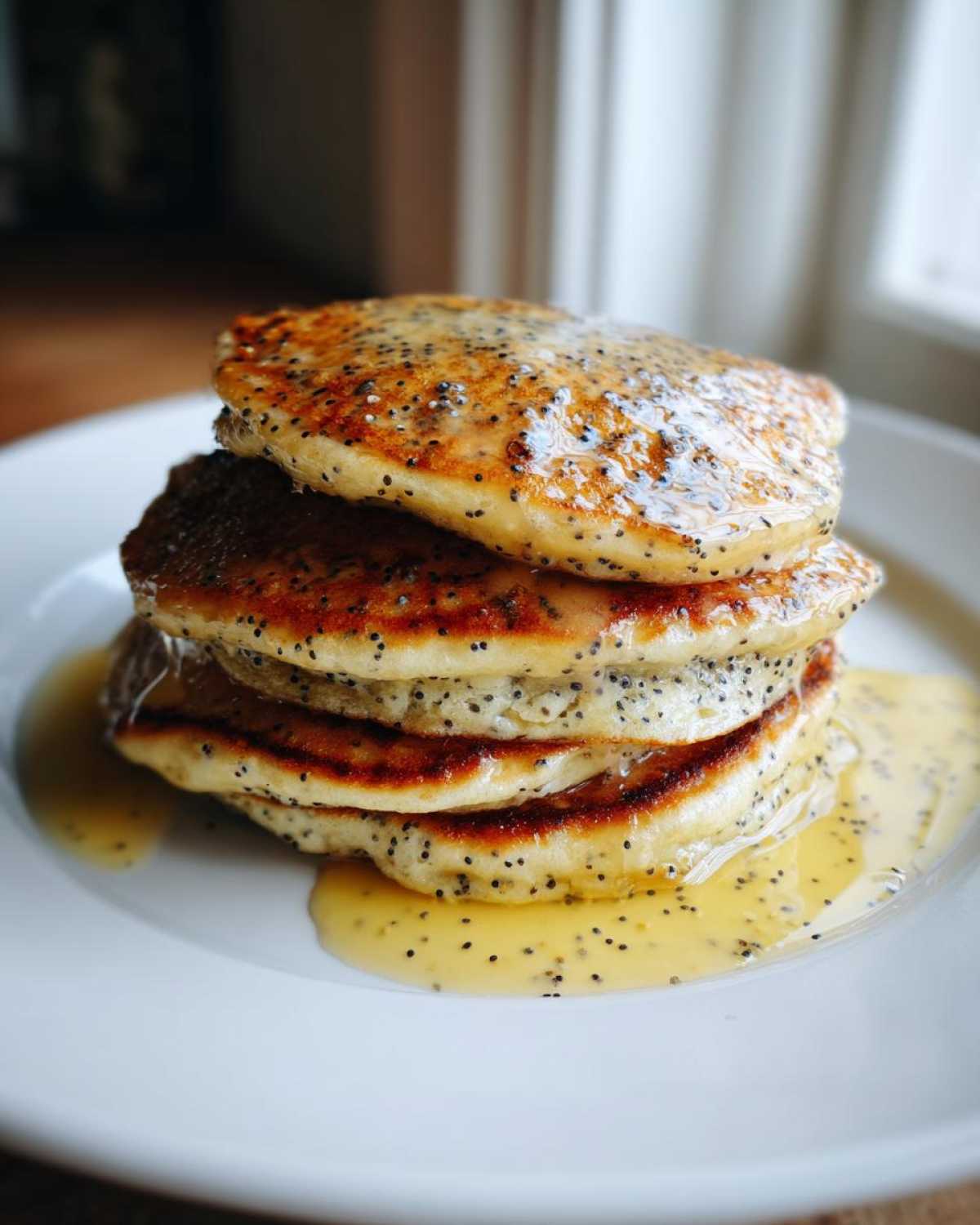 A stack of four fluffy Vegan Lemon Poppy Seed Pancakes drizzled with lemon glaze and poppy seeds.