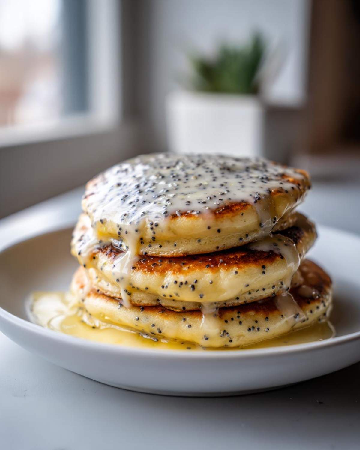 A stack of three fluffy Vegan Lemon Poppy Seed Pancakes drizzled with a thick lemon glaze and poppy seeds.