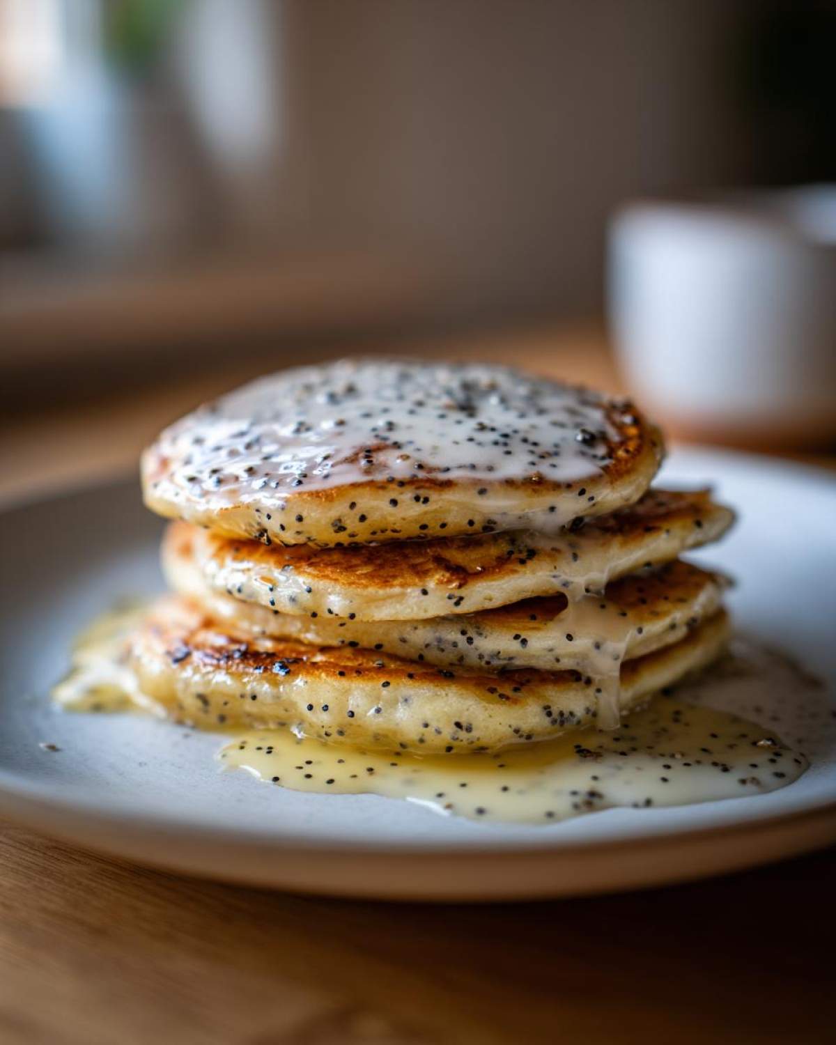 Close-up of a stack of fluffy Vegan Lemon Poppy Seed Pancakes drizzled with a thick lemon glaze and visible poppy seeds.