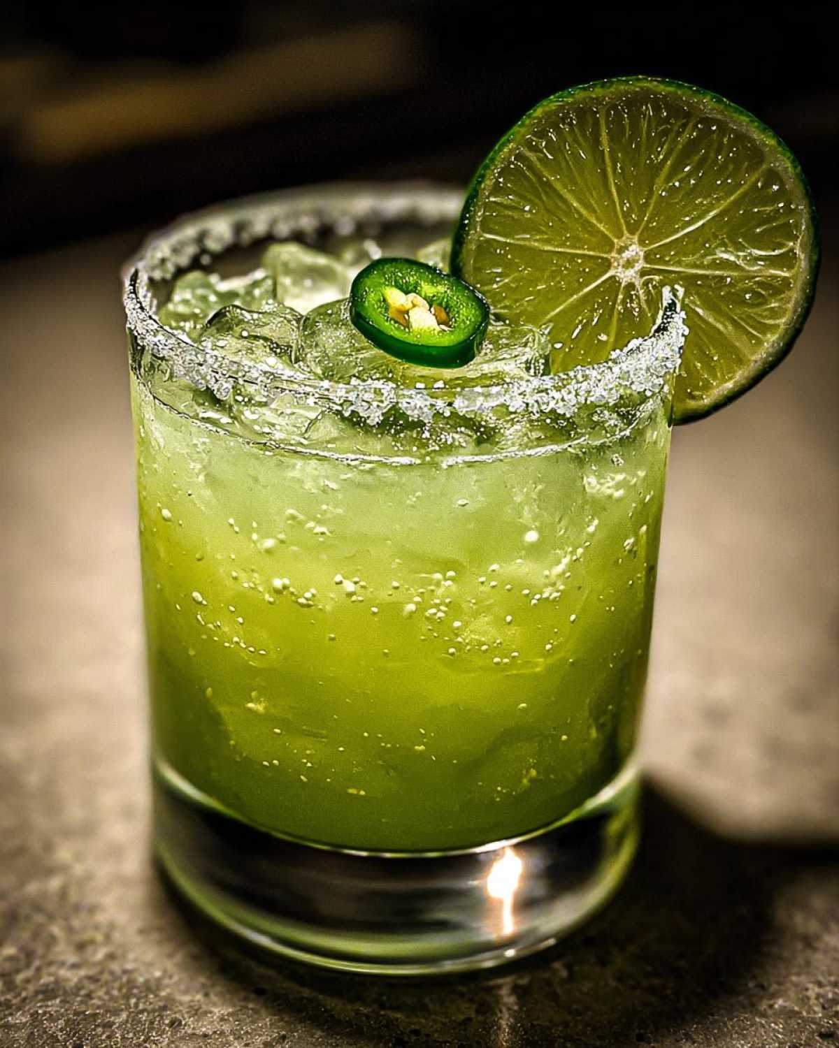 A vibrant green Fresh Jalapeño Lime Margarita in a rocks glass with a salt rim, garnished with a lime wheel and jalapeño slice.