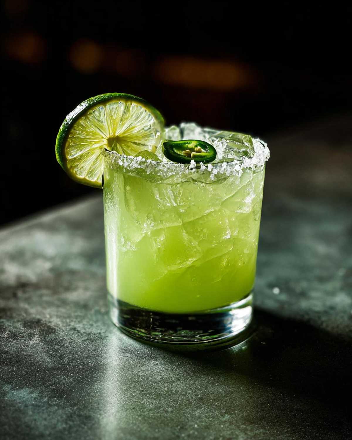 A vibrant green Fresh Jalapeño Lime Margarita served over ice with a salt rim, garnished with a lime wheel and jalapeño slice.