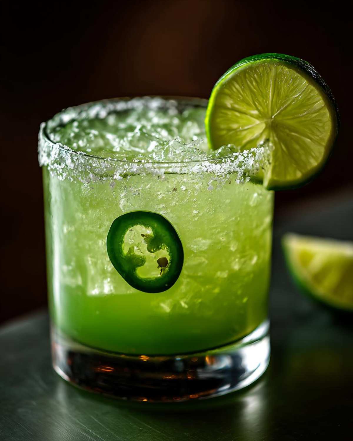 A vibrant green Fresh Jalapeño Lime Margarita served over crushed ice, garnished with a lime wheel and a jalapeño slice.