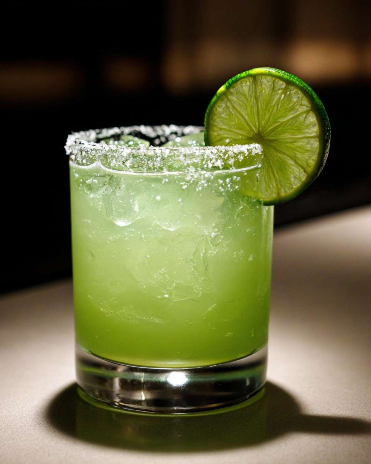 A vibrant green Fresh Jalapeño Lime Margarita served on the rocks with a salted rim and lime wheel garnish.
