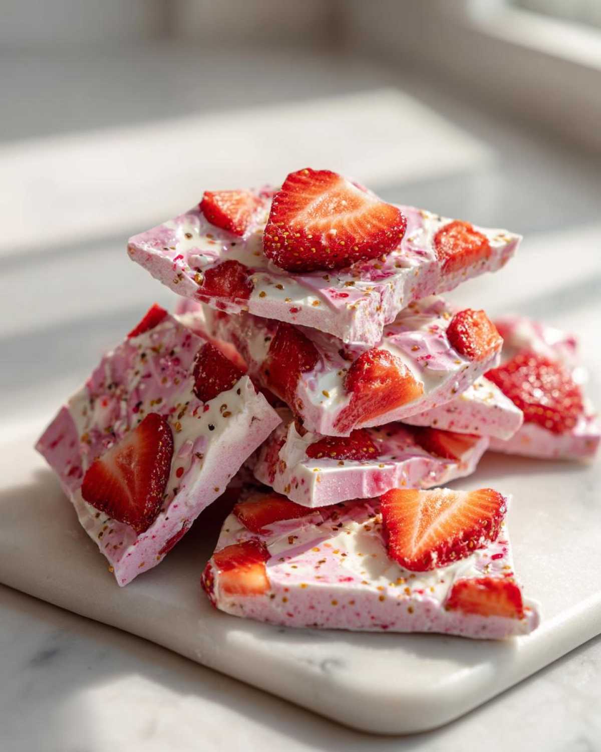 A stack of broken pieces of Frozen Strawberry Yogurt Bark topped with fresh strawberry slices.
