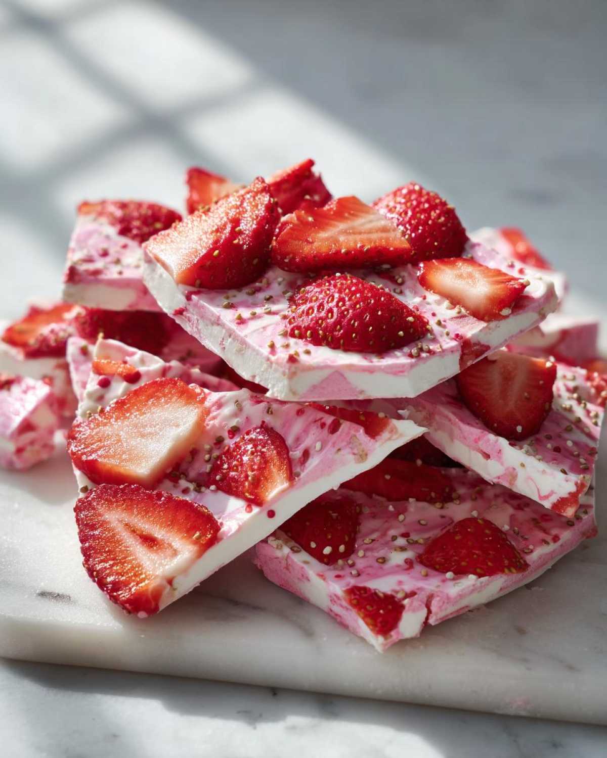 Stack of broken pieces of Frozen Strawberry Yogurt Bark topped with fresh sliced strawberries and sprinkles.