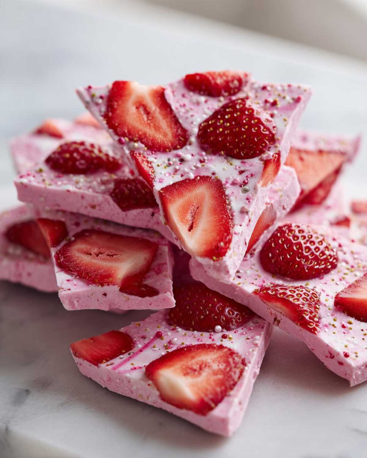 A stack of pink, frozen strawberry yogurt bark pieces topped with fresh strawberry slices and sprinkles.