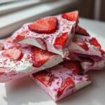 A stack of bright pink Frozen Strawberry Yogurt Bark pieces topped with fresh strawberry slices and sprinkles.