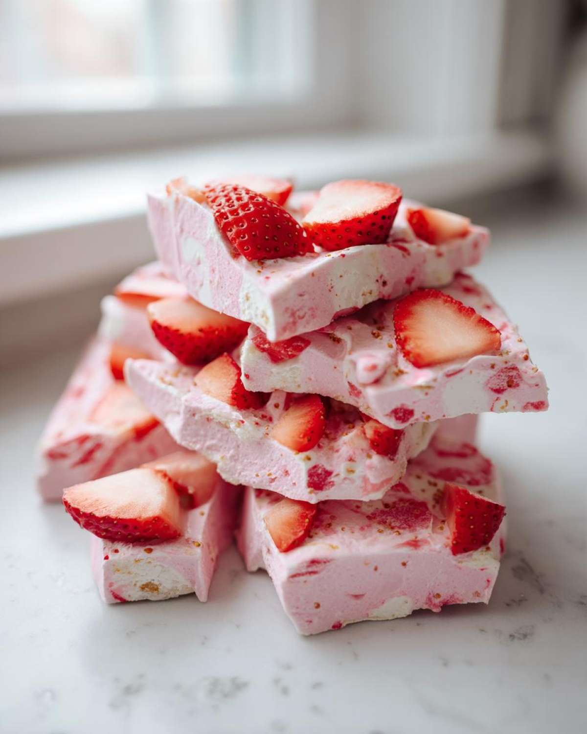 A stack of broken pieces of pink and white Frozen Strawberry Yogurt Bark topped with fresh strawberry slices.