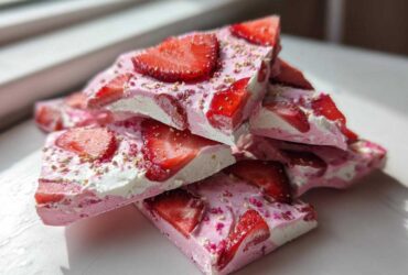 A stack of bright pink Frozen Strawberry Yogurt Bark pieces topped with fresh strawberry slices and sprinkles.