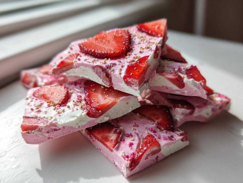 A stack of bright pink Frozen Strawberry Yogurt Bark pieces topped with fresh strawberry slices and sprinkles.