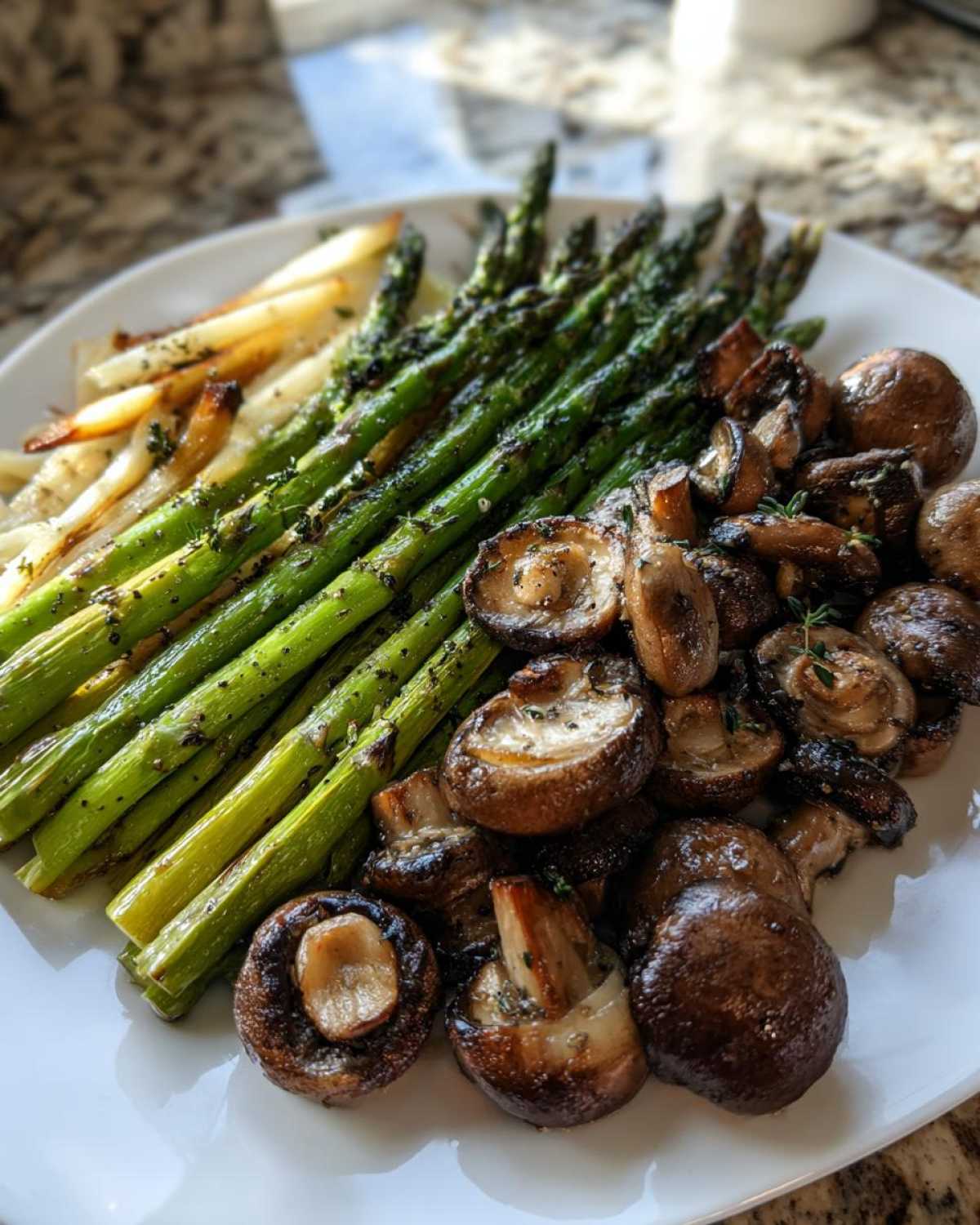 A white plate featuring bright green Garlic Butter Roasted Asparagus and browned, seasoned mushrooms.