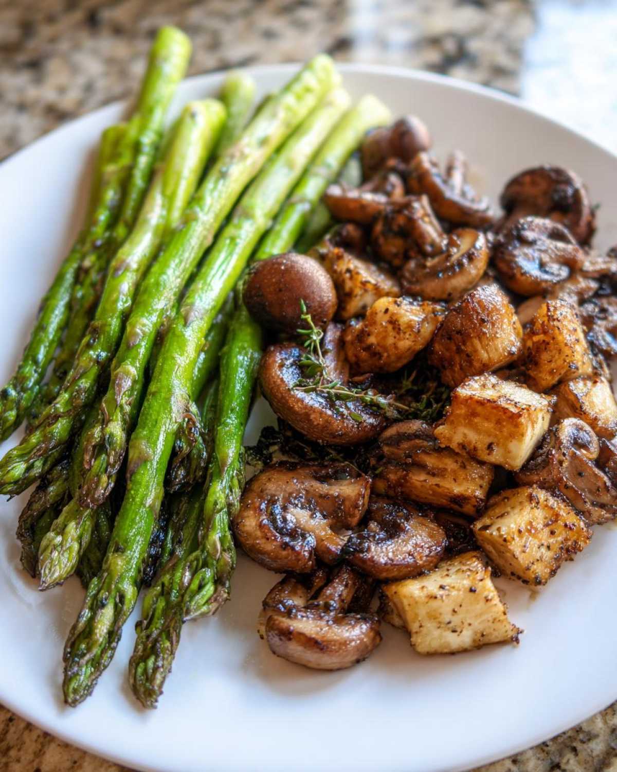 A plate featuring bright green Garlic Butter Roasted Asparagus next to browned, seasoned mushrooms and tofu cubes.