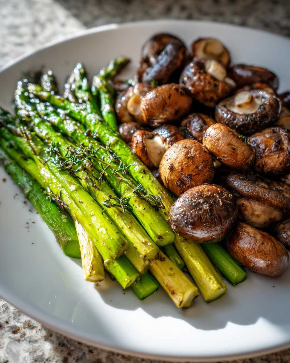 Bright green roasted asparagus spears next to browned mushrooms seasoned with herbs.