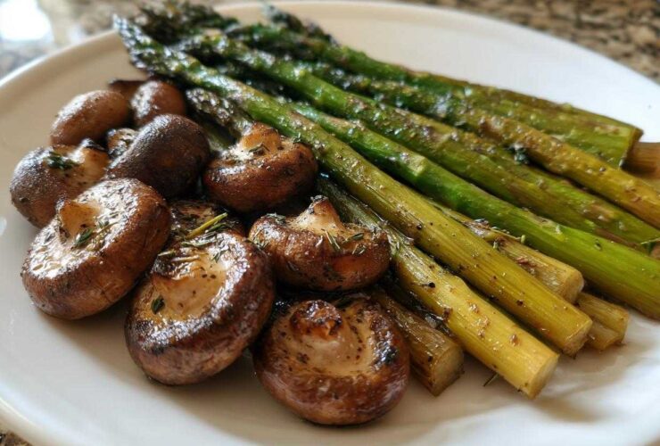 Roasted asparagus spears and browned mushrooms seasoned with herbs on a white plate.