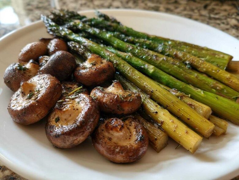 Roasted asparagus spears and browned mushrooms seasoned with herbs on a white plate.