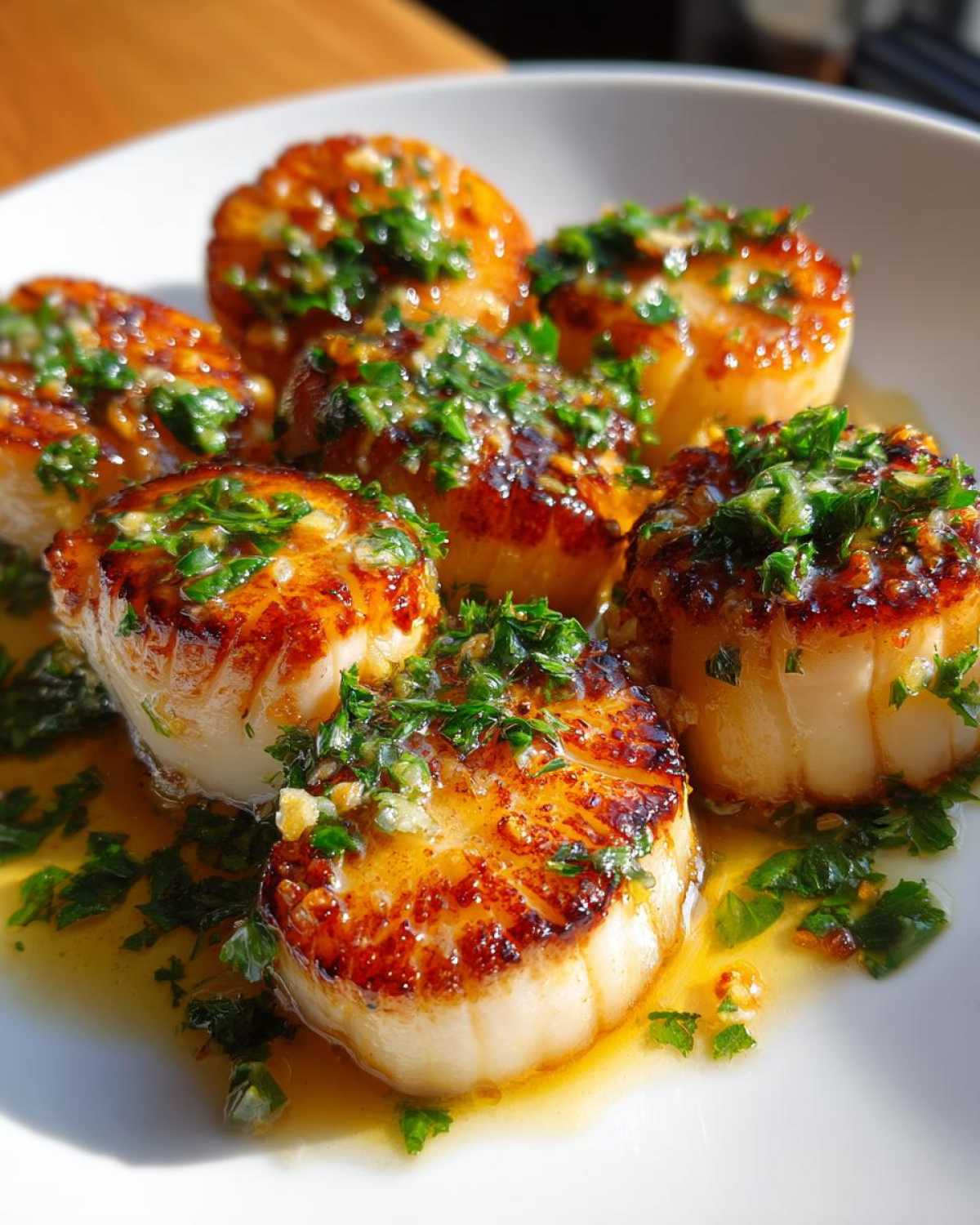 Close-up of seared Garlic Butter Scallops with Lemon, topped with fresh parsley.