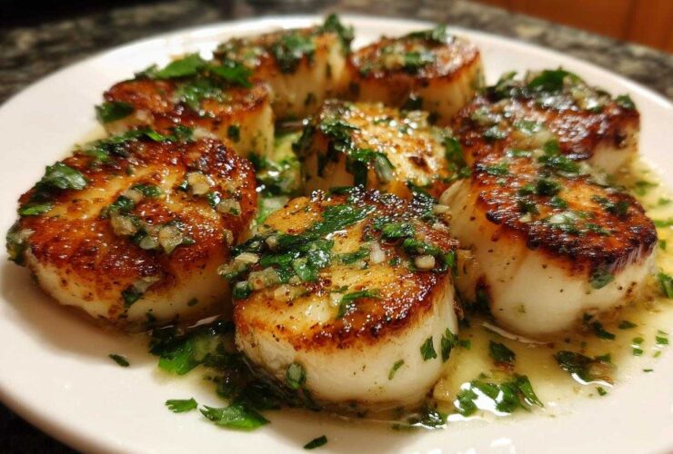 Close-up of seared Garlic Butter Scallops with Lemon, topped with fresh parsley and butter sauce.