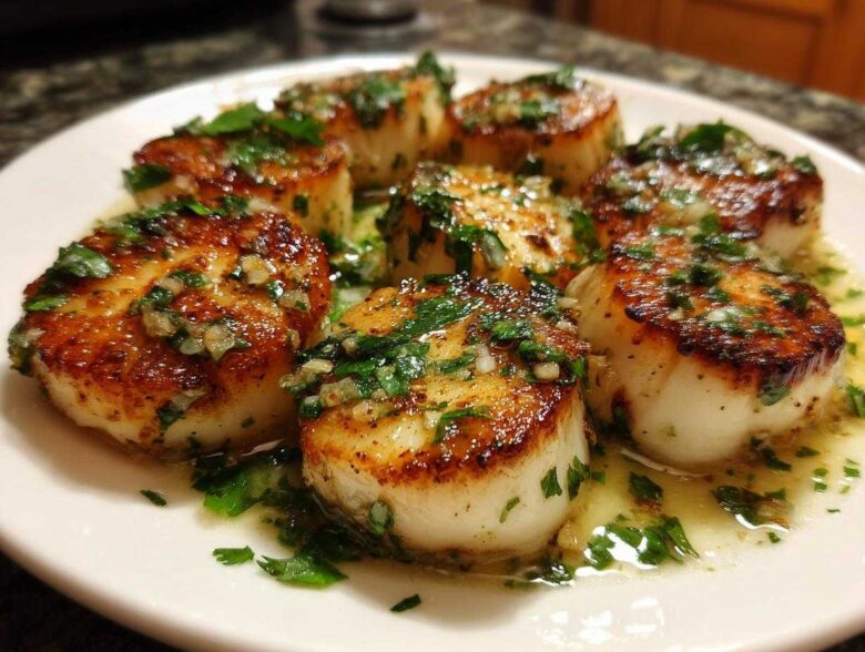 Close-up of seared Garlic Butter Scallops with Lemon, topped with fresh parsley and butter sauce.