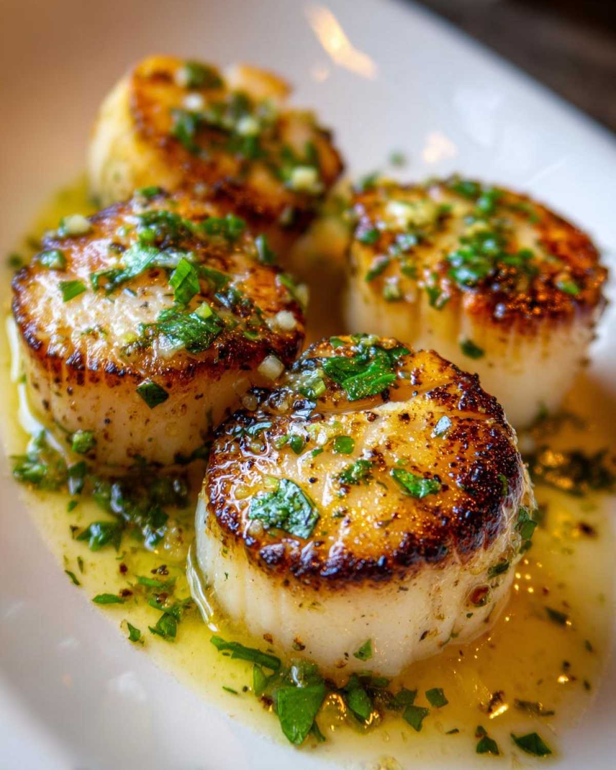 Close-up of four perfectly seared Garlic Butter Scallops with Lemon, glistening in buttery sauce and topped with fresh parsley.