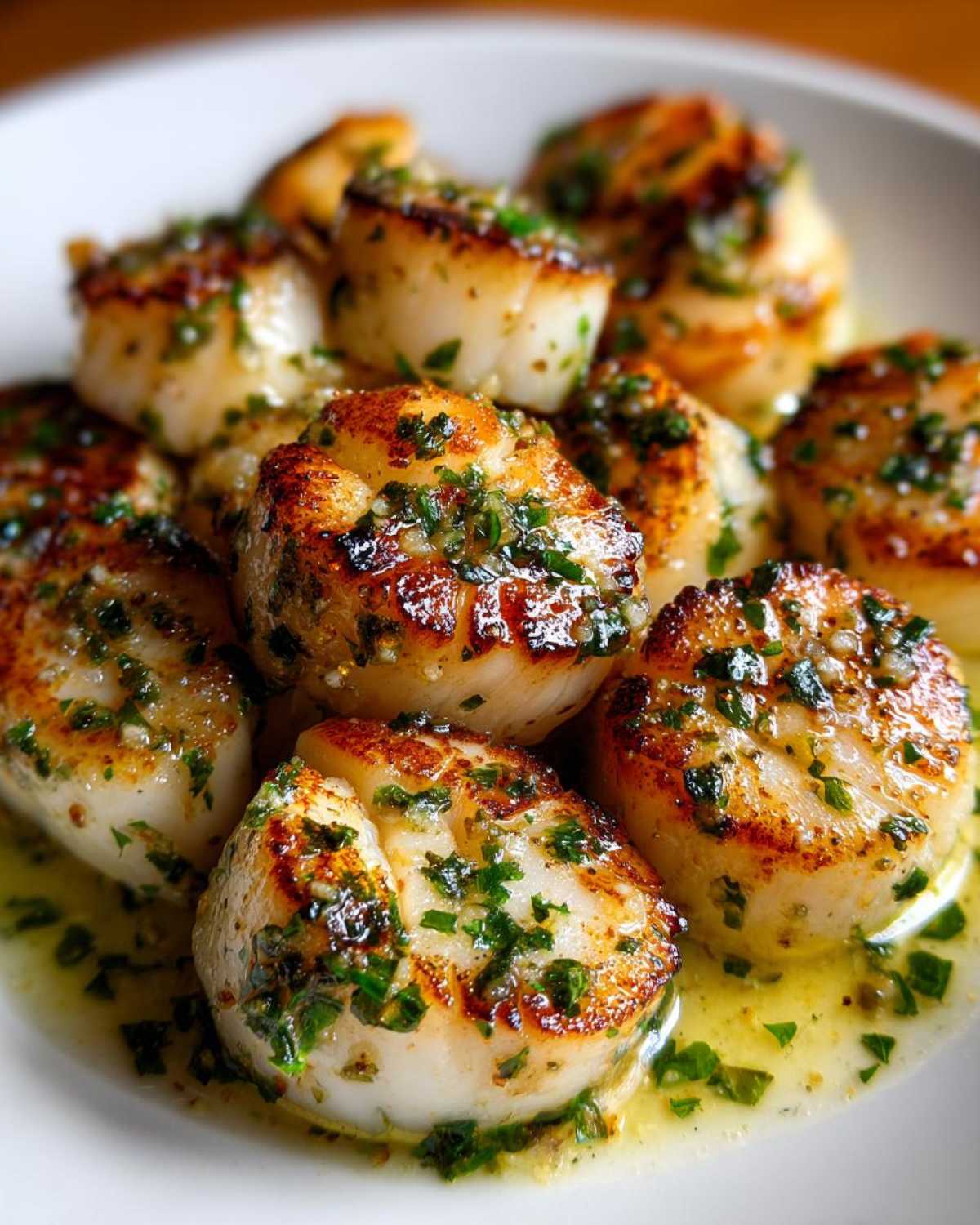 Close-up of seared Garlic Butter Scallops with Lemon, glistening in a buttery sauce with fresh parsley.