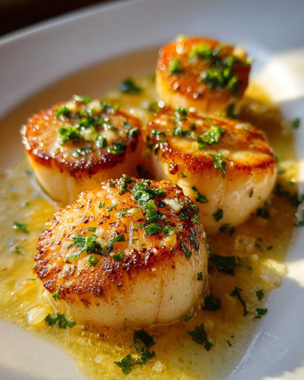 Close-up of four seared Garlic Butter Scallops with Lemon, glistening in a rich butter sauce and topped with fresh parsley.