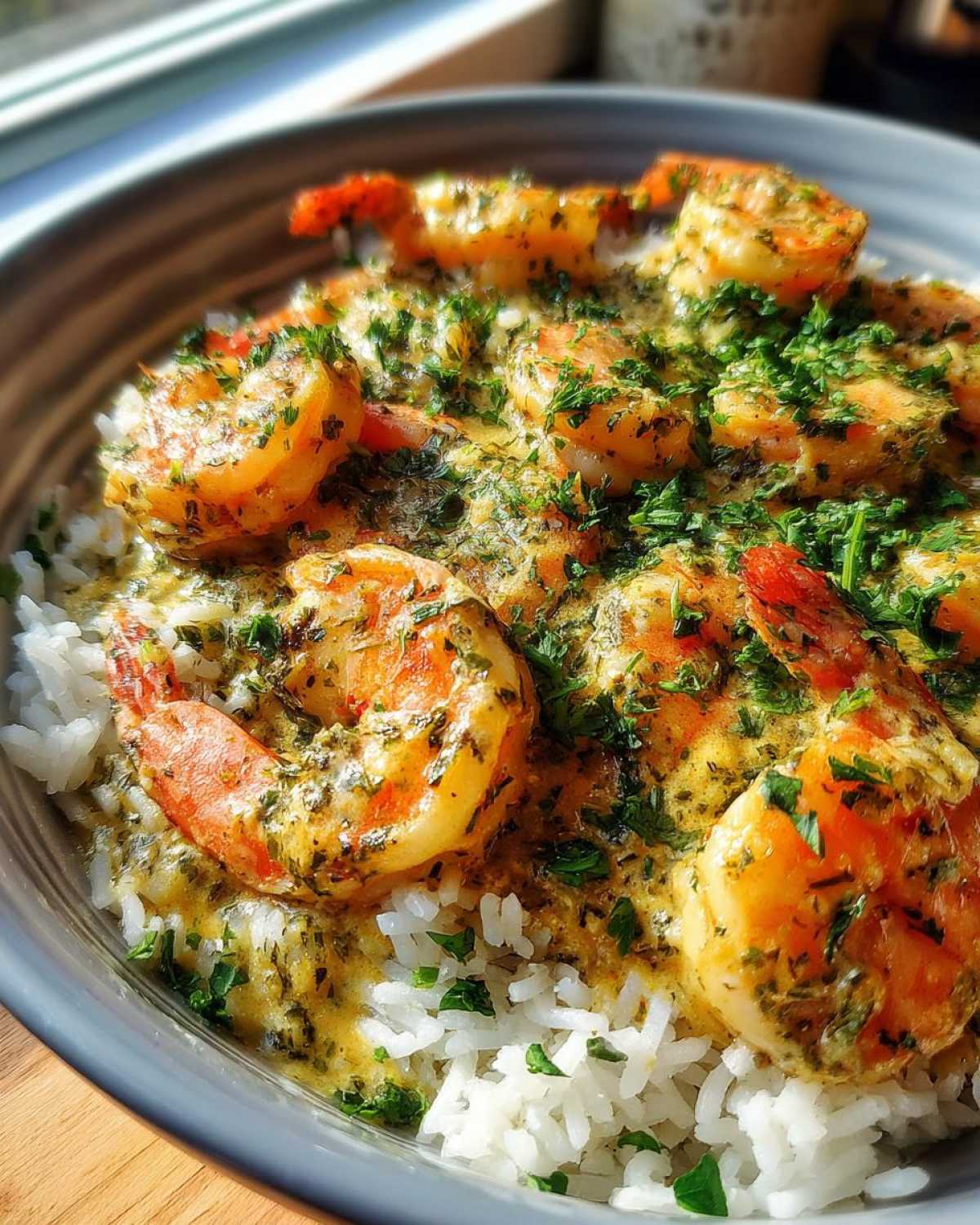 Close-up of Garlic Butter Shrimp and Rice Skillet, featuring plump shrimp in a creamy garlic butter sauce over white rice, topped with fresh parsley.