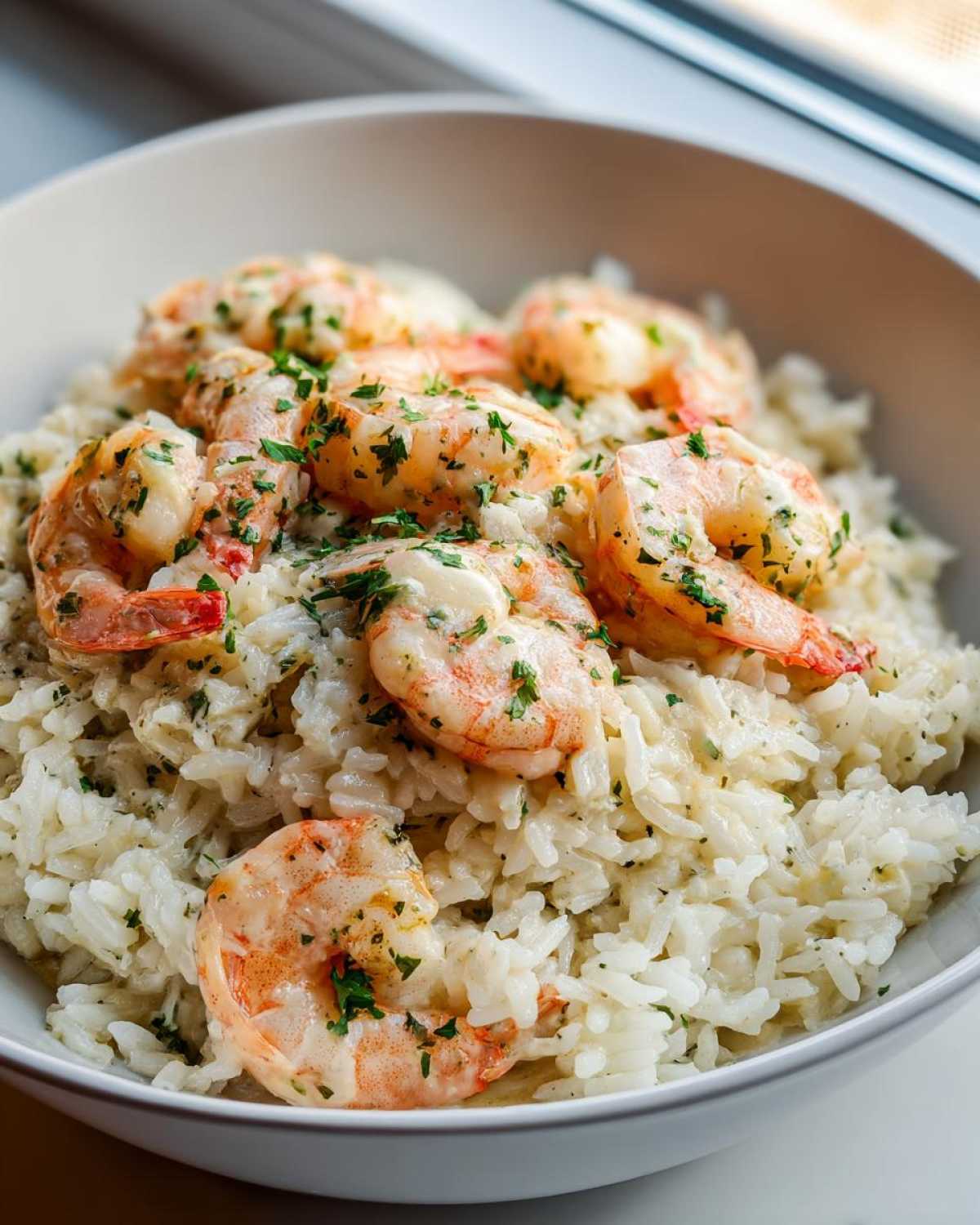 Close-up of Garlic Butter Shrimp and Rice Skillet, featuring plump shrimp over creamy rice garnished with parsley.