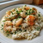 A close-up of Garlic Butter Shrimp and Rice Skillet served on a white plate, topped with fresh parsley.