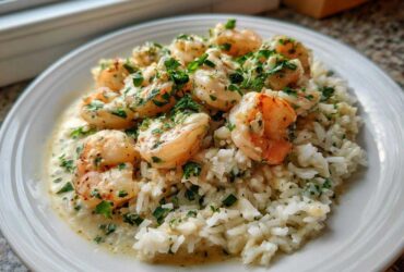 A close-up of Garlic Butter Shrimp and Rice Skillet served on a white plate, topped with fresh parsley.