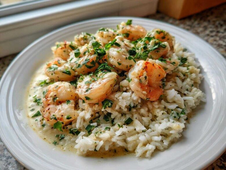A close-up of Garlic Butter Shrimp and Rice Skillet served on a white plate, topped with fresh parsley.