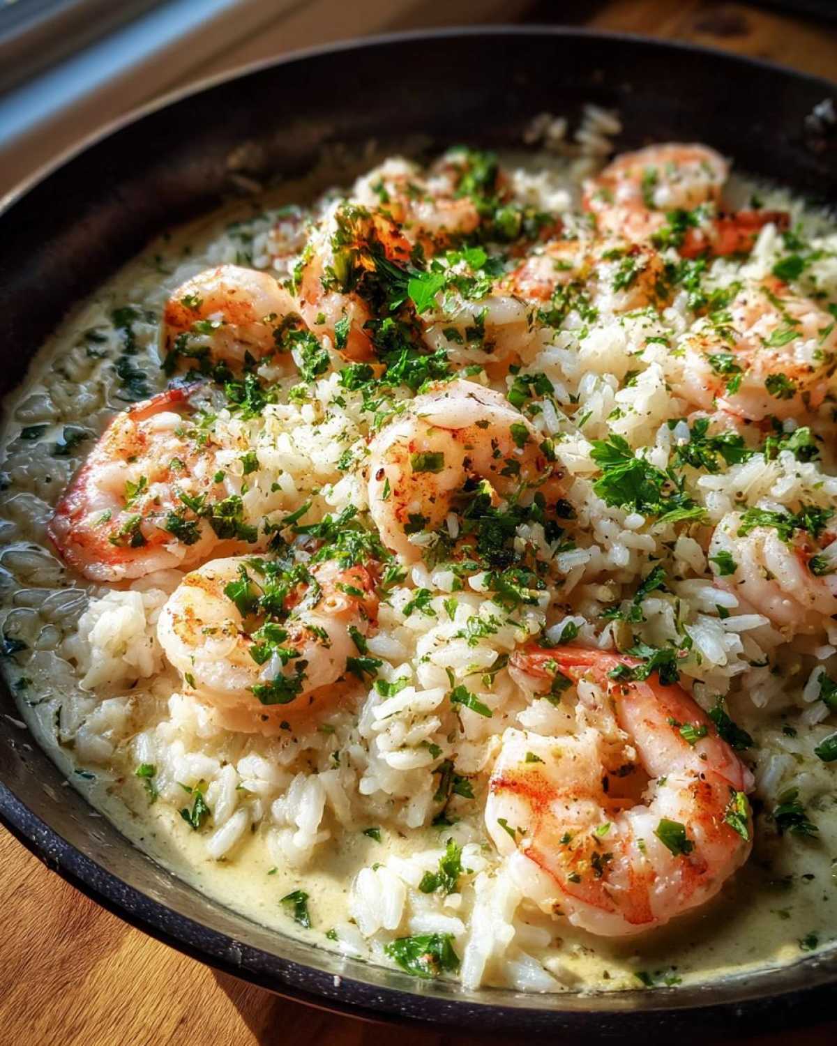 Close-up of creamy Garlic Butter Shrimp and Rice Skillet topped with fresh parsley.