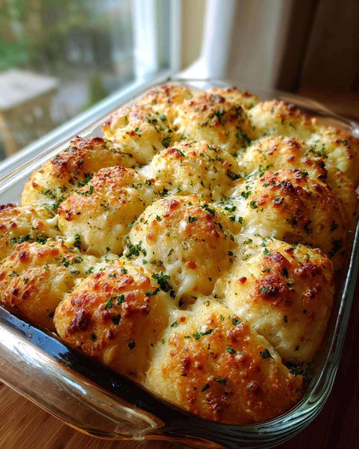 Golden brown Garlic Parmesan Pull-Apart Bread baked in a clear glass dish, topped with melted cheese and parsley.