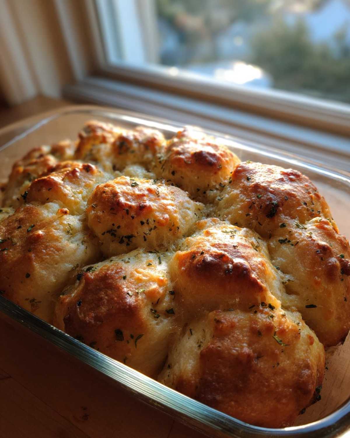 Close-up of golden brown Garlic Parmesan Pull-Apart Bread baked in a clear glass dish near a window.