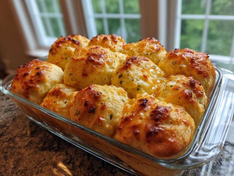 Freshly baked Garlic Parmesan Pull-Apart Bread rolls with browned cheese topping in a clear glass baking dish.
