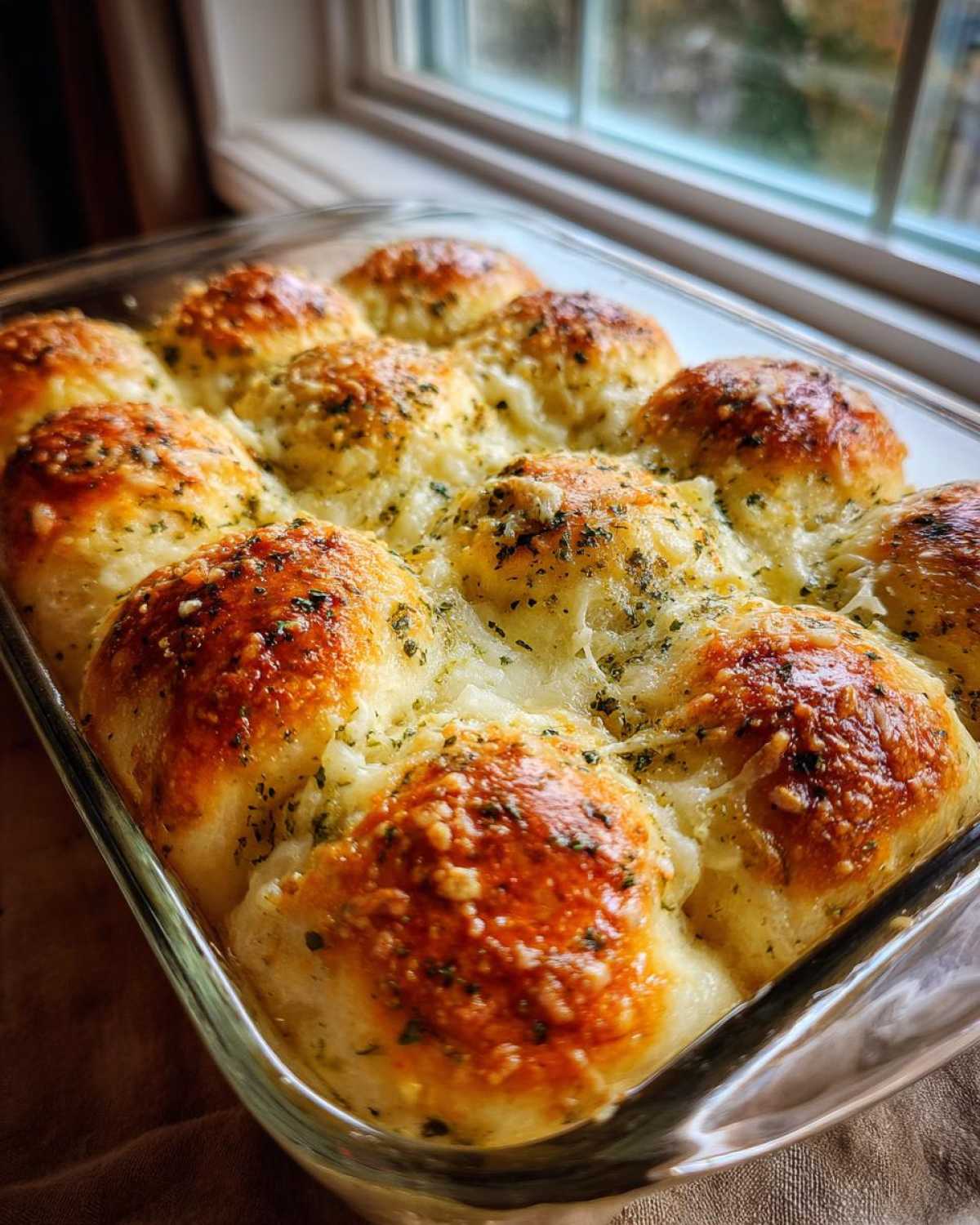 Close-up of golden brown Garlic Parmesan Pull-Apart Bread baked in a glass dish, topped with melted cheese and herbs.