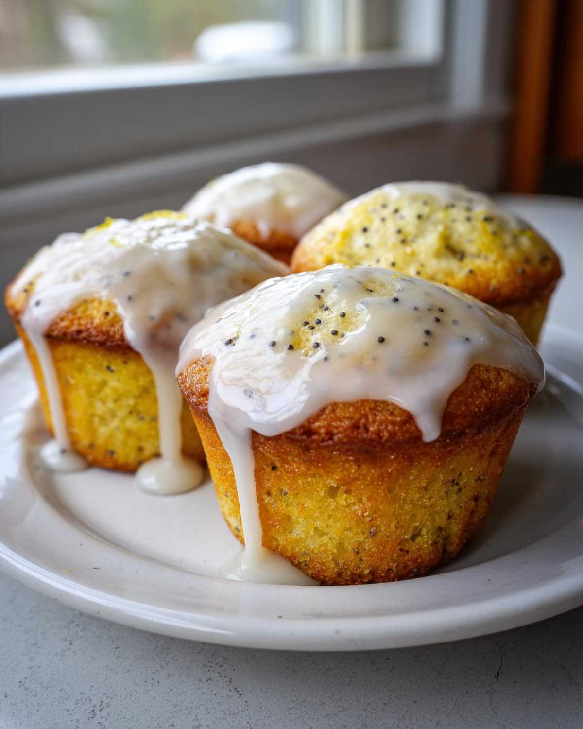 Close-up of four moist Glazed Lemon Poppy Seed Muffins topped with thick, dripping lemon glaze and poppy seeds.