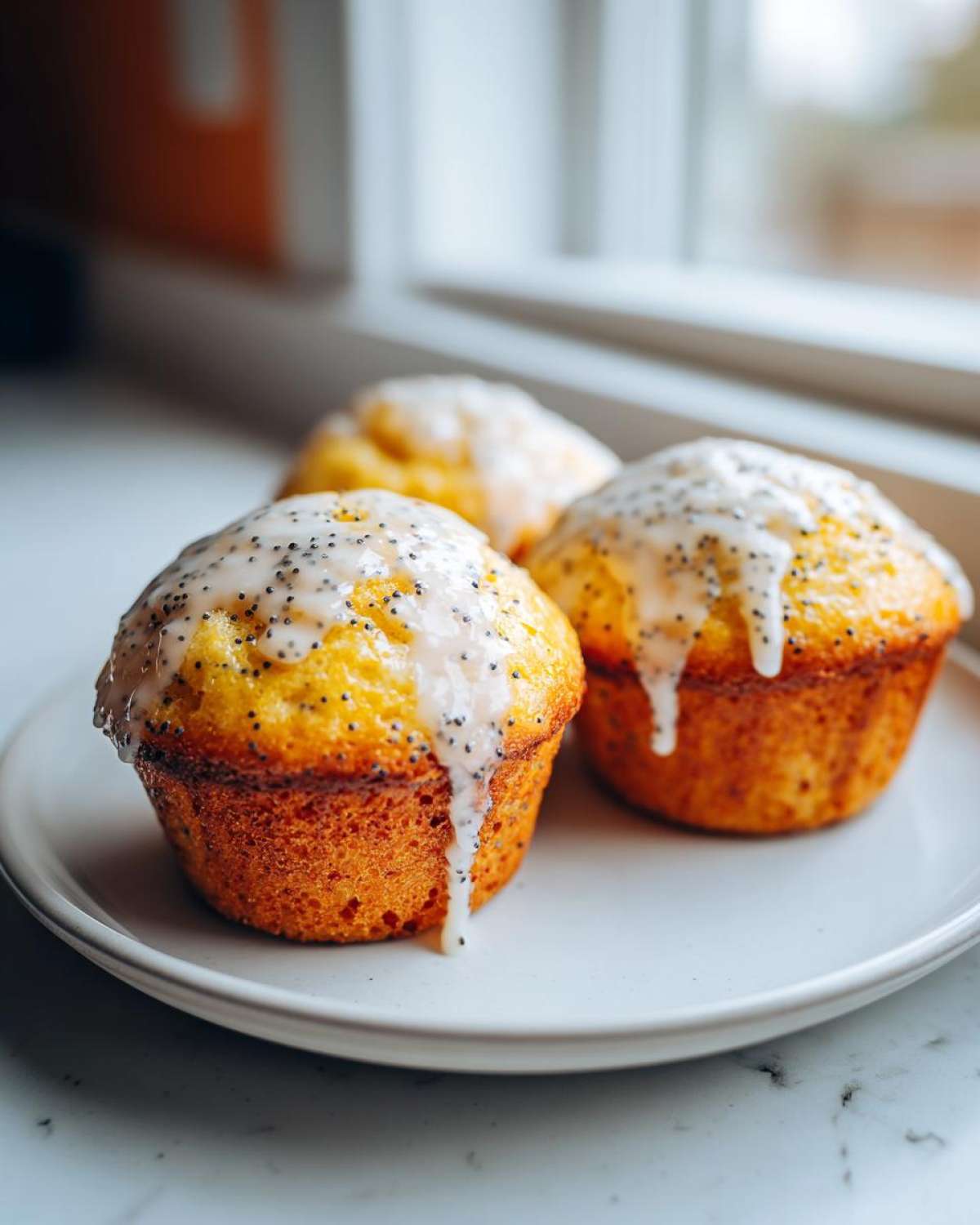 Three freshly baked Glazed Lemon Poppy Seed Muffins topped with a thick, dripping lemon glaze and poppy seeds.