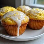 Four bright yellow Glazed Lemon Poppy Seed Muffins topped with a thick white glaze and lemon zest.