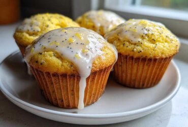 Four bright yellow Glazed Lemon Poppy Seed Muffins topped with a thick white glaze and lemon zest.